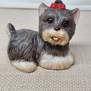 Vintage Homco Yorkie Dog Ceramic Figurine Playful Red Bow #1475